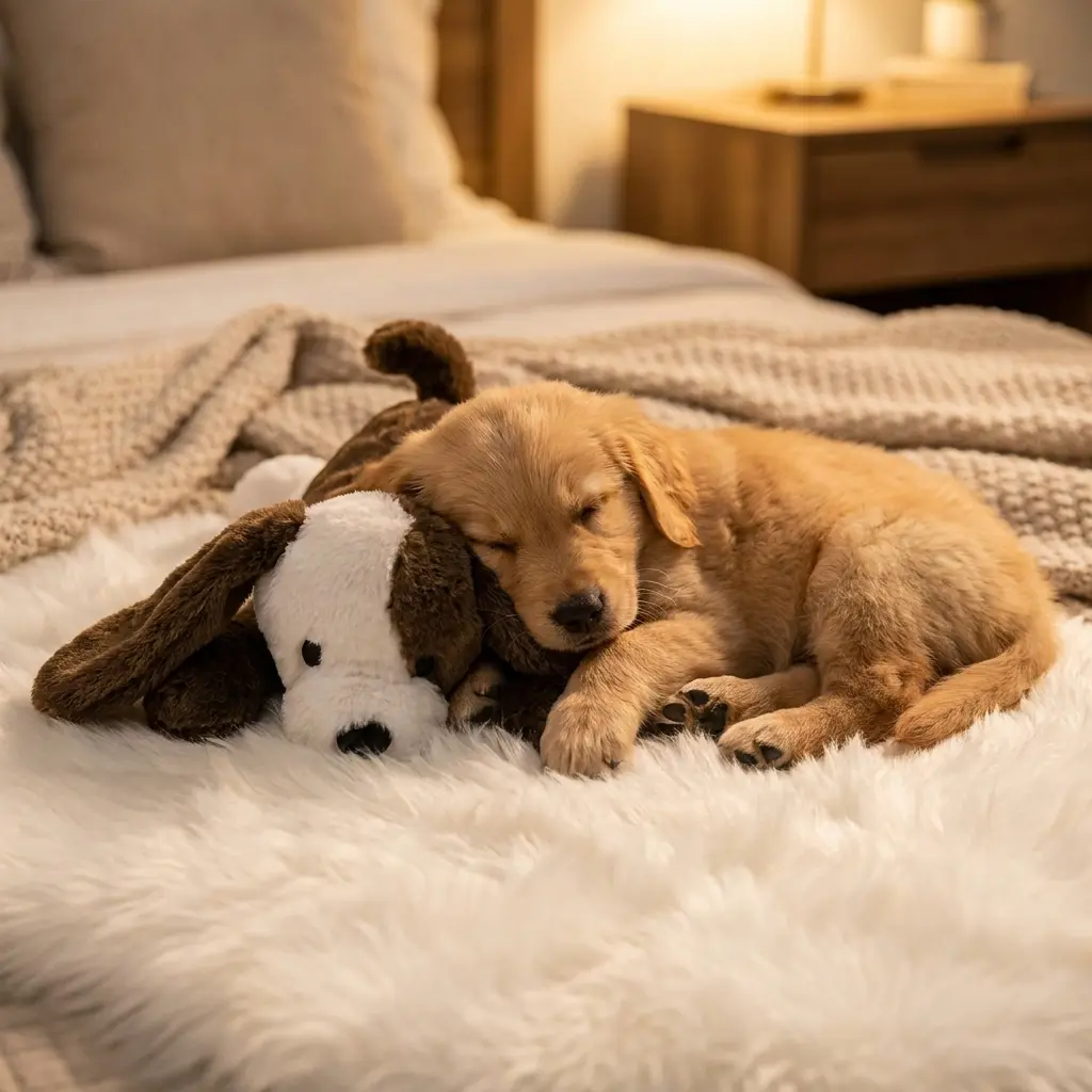Puppy snuggled with PupBeat plush on bed