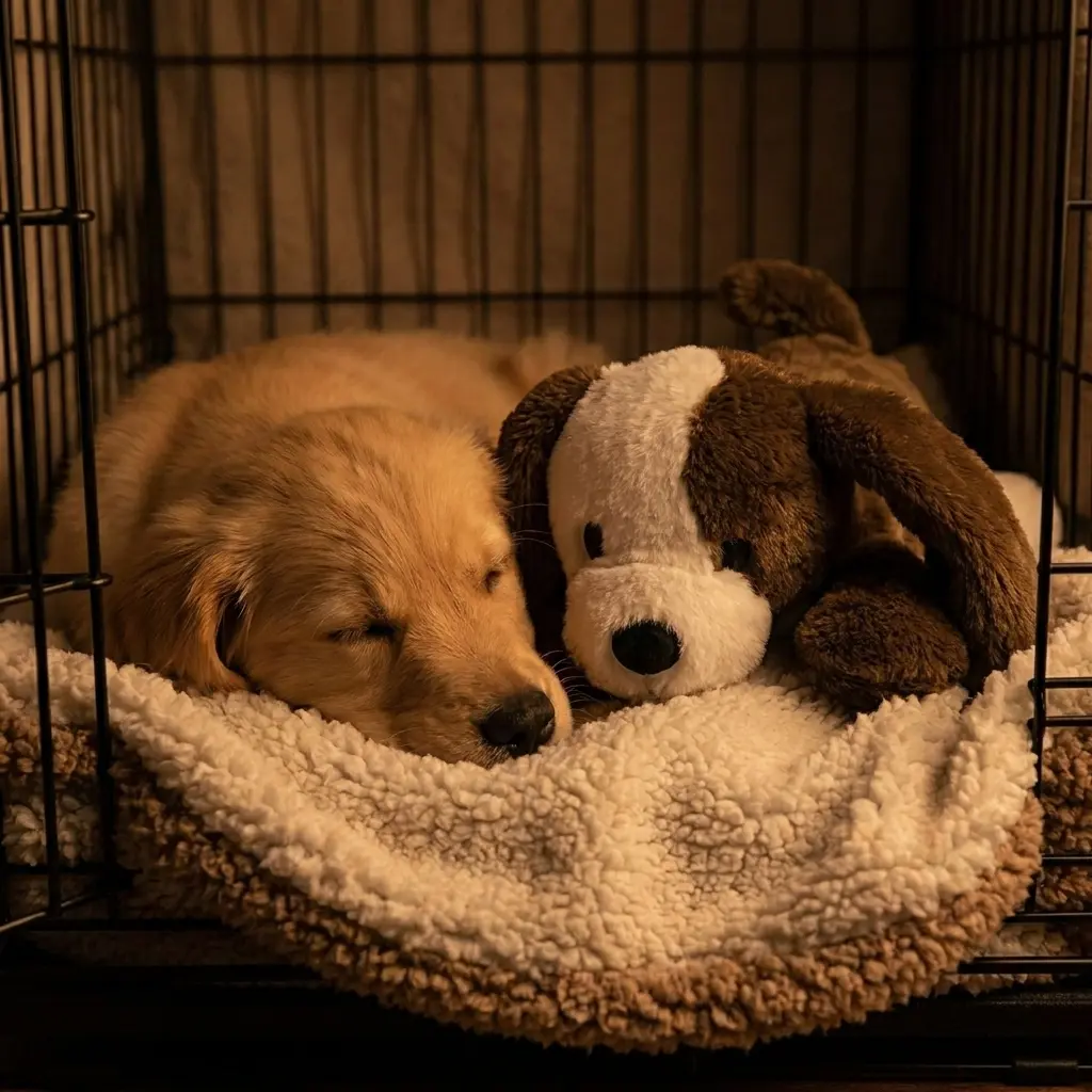 Puppy sleeping with PupBeat on bed